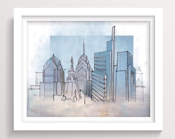 PHILADELPHIA SKYLINE - Watercolor and Digital Painting, Drawing, Architecture Sketch, Wall Art Print, City, Urban, Skyscraper, Drawn There
