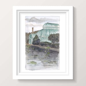BROOKLYN BOTANISCHER GARTEN - Reflexionsbecken. New York City, Gewächshaus, Glasarchitektur, Tinte & Aquarellmalerei, Zeichnung, gezeichnet dort