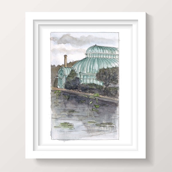 BROOKLYN BOTANICAL GARDEN - Reflection Pool. New York City, Greenhouse, Glass Architecture, Ink &  Watercolor Painting, Drawing, Drawn There