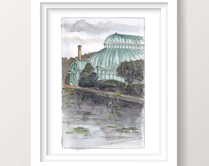 BROOKLYN BOTANICAL GARDEN - Reflection Pool. New York City, Greenhouse, Glass Architecture, Ink &  Watercolor Painting, Drawing, Drawn There