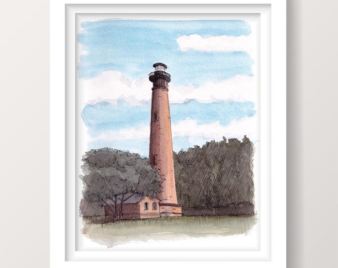 CURRITUCK LIGHTHOUSE - Corolla, North Carolina, Outer Banks, Beach, Nautical Art, Ink and Watercolor Plein Air Painting, Drawn There