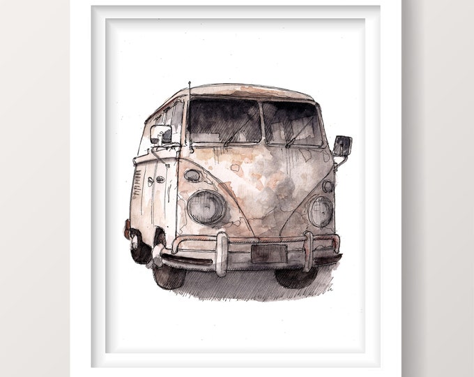 VINTAGE BUS - Classic Rusty Vehicle, Van, Vanlife, Campervan, Roadtrip, Plein Air Watercolor Painting, Drawing, Art Print, Drawn There