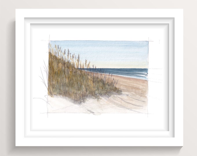 OUTER BANKS - North Carolina, Beach and Dune Grasses, Plein Air Ink and Watercolor Painting, Art Print, Drawn There