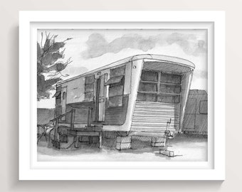 SPARTAN IMPERIAL TRAILER - Vintage, Campground, Camping, rv park, pen & ink painting, drawing, plein air art print, Custom Art, Drawn There