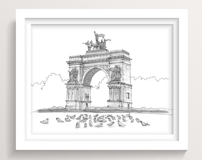 PROSPECT PARK ARCH - Pigeons, Brooklyn, New York City, nyc, Grand Army Arch, Plein Air Ink Drawing, Painting, Urbansketcher Art, DrawnThere