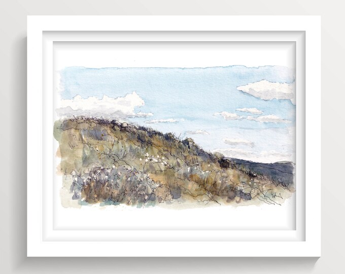 TEMECULA GRASSY HILLSIDE - Meadow, Wildflowers, Blue Sky, Clouds, Plein Air Watercolor Painting, California, Mountains, Drawn There