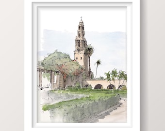 CALIFORNIA TOWER - Balboa Park, Museum of Man, San Diego, Architecture, Art, Watercolor, Painting, Drawing, Sketchbook, Drawn There