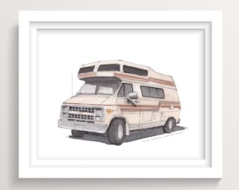 CHEVY CAMPER VAN - High Roof, Beige, Vintage, Vanlife, Camping, Roadtrip, Ink and Watercolor, Painting, Drawing, Art Print, Drawn There