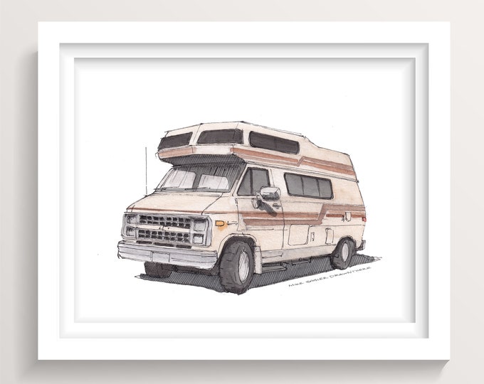 CHEVY CAMPER VAN - High Roof, Beige, Vintage, Vanlife, Camping, Roadtrip, Ink and Watercolor, Painting, Drawing, Art Print, Drawn There