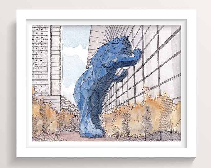 BLUE BEAR DENVER - Convention Center Public Art Sculpture, Colorado, Ink and Watercolor Painting, Drawing, Denver Art Print, Drawn There