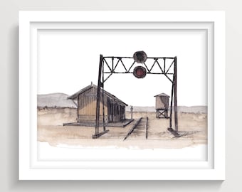 BLACK ROCK CITY 2023 - Black Rock Train Station, Ghost Train, Playa Art, Ink and Watercolor Painting, Drawn There