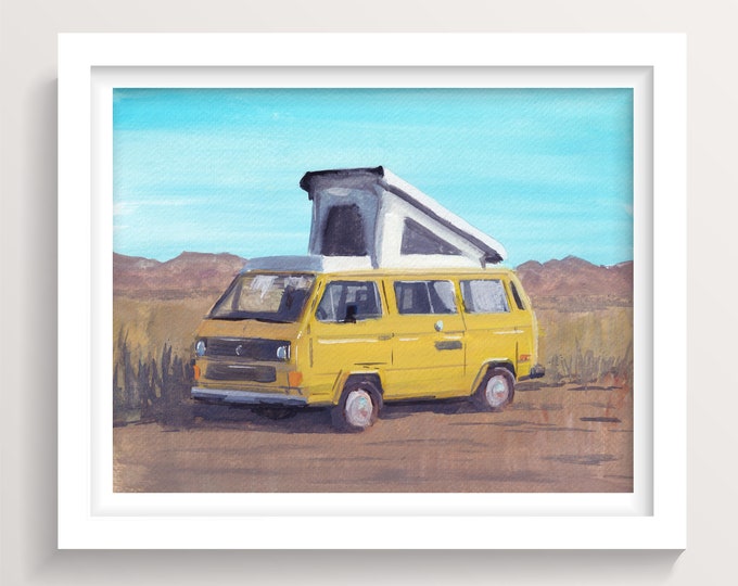 YELLOW VAN WESTFALIA - Desert Landscape Vanlife Roadtrip, Gouache Watercolor Painting, Wall Art Print, Drawn There