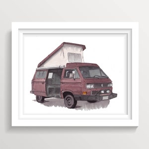 WESTY CAMPER VAN - Roadtrip, Retro Vintage Vanlife, Camping, Pop Top, Ink and Watercolor Painting, Travel Art, Drawn There