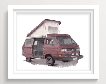 WESTY CAMPER VAN - Roadtrip, Retro Vintage Vanlife, Camping, Pop Top, Ink and Watercolor Painting, Travel Art, Drawn There