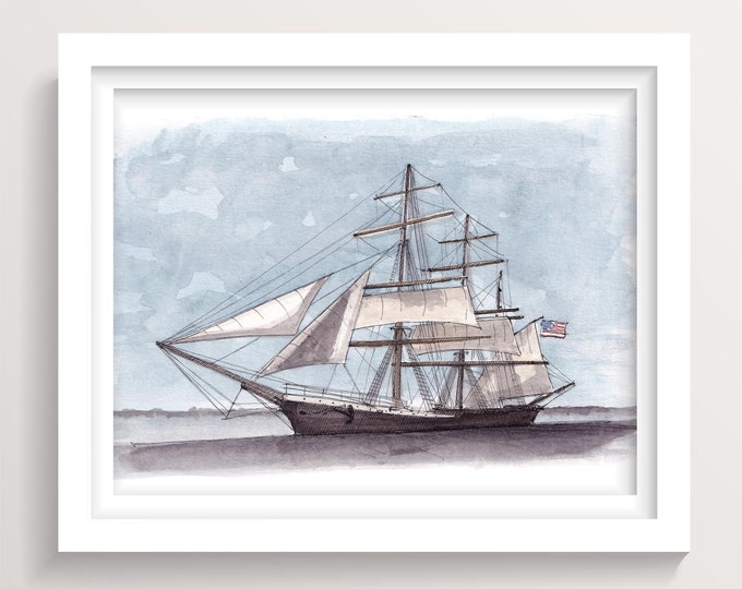 STAR OF INDIA - Historic Wooden Sailing Clipper Ship, San Diego, California, Ink and Watercolor Painting, Nautical Art Print, Drawn There