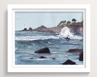 CABO SAN LUCAS - Crashing Ocean Waves, Ink and Watercolor Landscape Seascape Painting, Beach Art Print, Drawn There