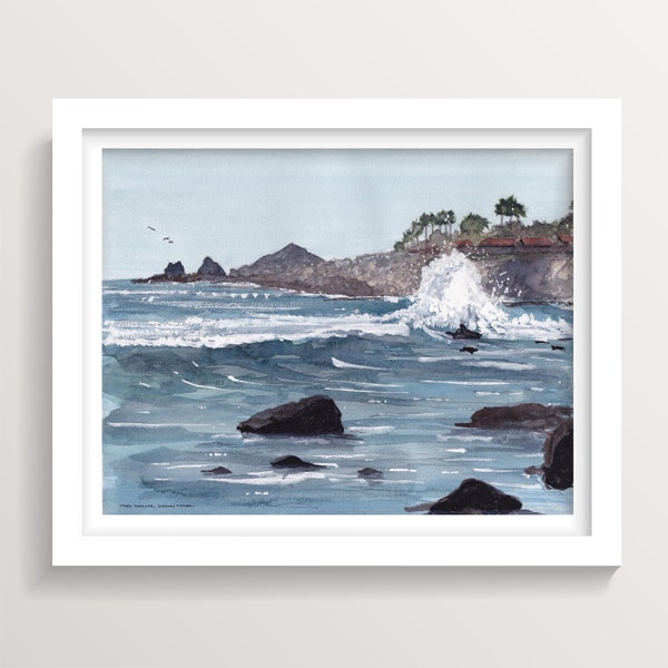 CABO SAN LUCAS - Crashing Ocean Waves, Ink and Watercolor Landscape Seascape Painting, Beach Art Print, Drawn There