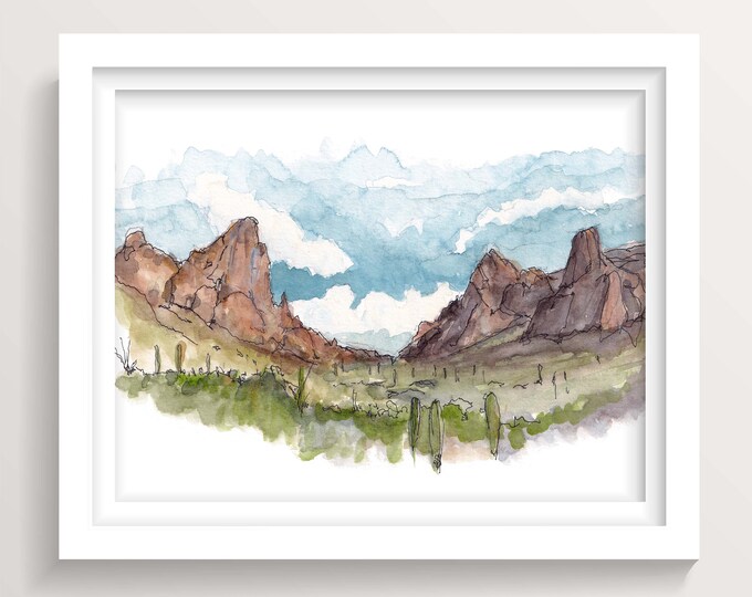 KOFA QUEEN CANYON - Kofa Wildlife Refuge, Yuma, Arizona, Watercolor Desert Landscape Painting, Wall Art Print, Drawn There