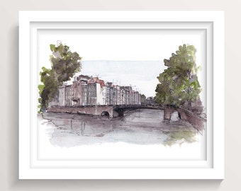 AMSTERDAM BRIDGE and HOUSES - Netherlands, Europe, Plein Air Ink and Watercolor Painting, Travel Sketchbook Art Print, Drawn There