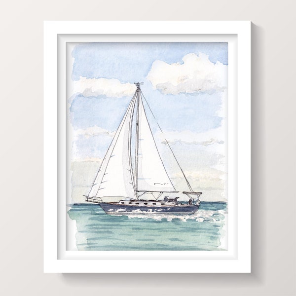 EXUMAS BAHAMAS SAILBOAT - Caribbean Sailboat Cruising, Turquoise Water, Nautical Sailing Watercolor Painting Art Print, Drawn There