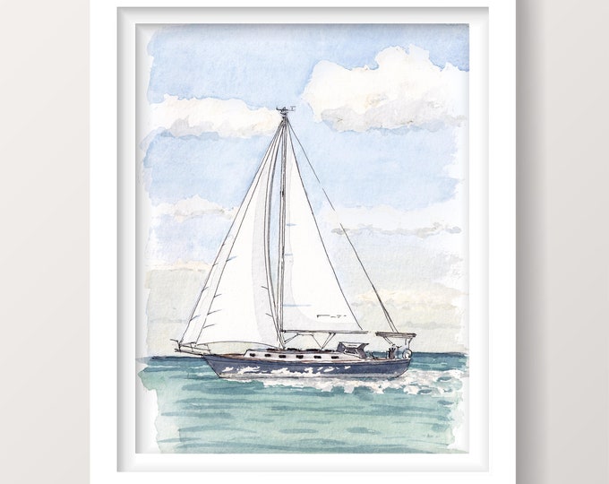 EXUMAS BAHAMAS SAILBOAT - Caribbean Sailboat Cruising, Turquoise Water, Nautical Sailing Watercolor Painting Art Print, Drawn There