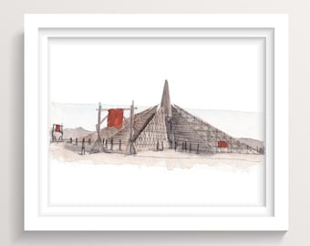 BLACK ROCK CITY 2022 - Empyrean Temple, Playa Art, Ink and Watercolor Painting, Drawing, Art Print, Drawn There