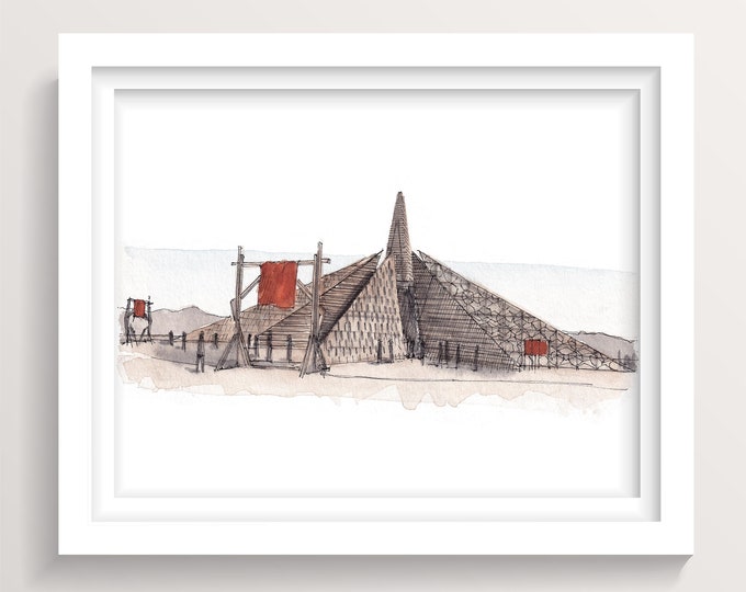 BLACK ROCK CITY 2022 - Empyrean Temple, Playa Art, Ink and Watercolor Painting, Drawing, Art Print, Drawn There