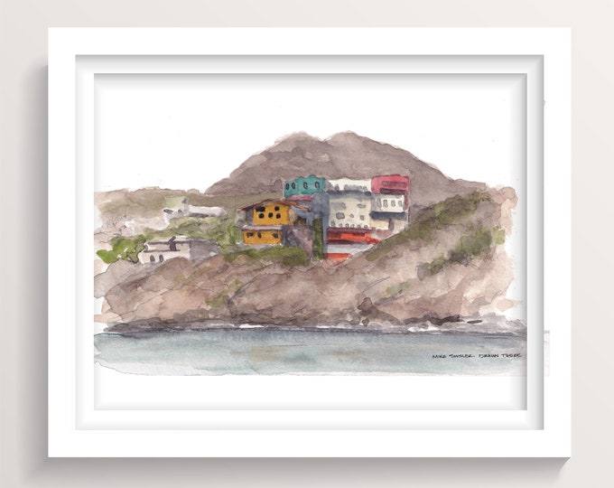 PLAYA SANTISPAC BAJA - Beautiful Watercolor Painting of Colorful Houses on Cliff Face in Baja, Mexico, Wall Art Print, Drawn There