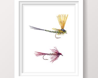 Hand-Tied Fishing Flies Watercolor Painting | Fly Fishing Art Print | Angler Gift | Studio Illustration | Cabin Decor