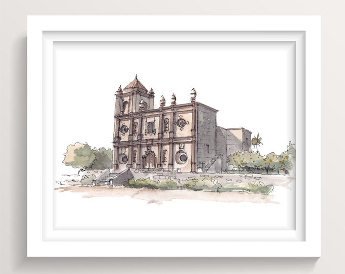 MISSION SAN IGNACIO - Baja Mexico Old Catholic Church Architecture Ink and Watercolor Plein Air Painting, Religious Art Print, Drawn There