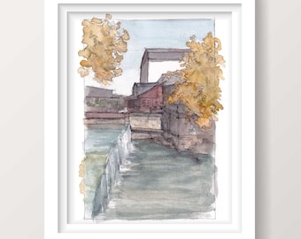 BUCKS COUNTY PLAYHOUSE - New Hope, Pennsylvania, Ink and Watercolor Painting, Drawing, Art, Waterfall, Architecture, Drawn There