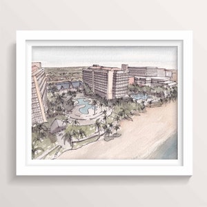 MARCO ISLAND - JW Marriott, Floryda, Plaża, Zatoka Meksykańska, Ocean, Sztuka wakacyjna, Rysunek architektoniczny, Malarstwo akwarelowe, Narysowane tam