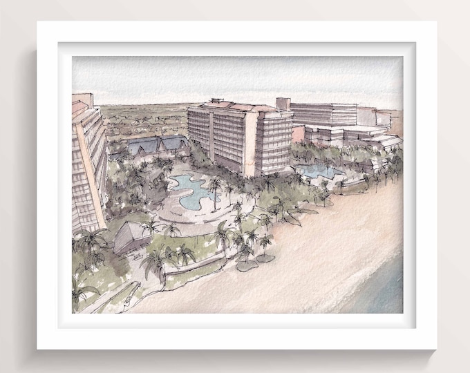 MARCO ISLAND - JW Marriott, Florida, Beach, Gulf of Mexico, Ocean, Vacation Art, Architectural Drawing, Watercolor Painting, Drawn There