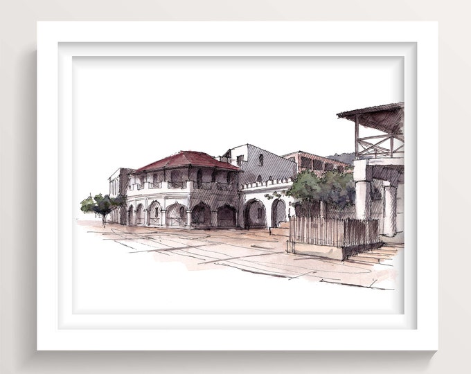 LAMU TOWN - Lamu Island, Kenya, Africa,  Historical Swahili Architecture, Plein Air Ink and Watercolor Painting, Art Print, Drawn There