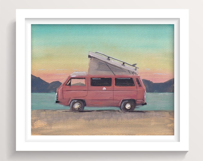 WESTFALIA CAMPER VAN - Sunset Pop Art, Roadtrip, Retro Vintage Vanlife, Camping Art, Pop Top, Gouache Watercolor Painting, Drawn There