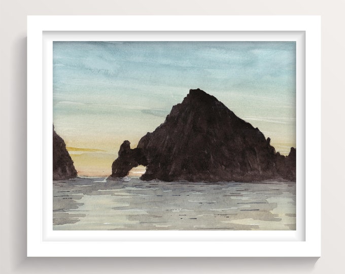 CABO ARCH SUNSET - Cabo San Lucas Mexico, Watercolor Painting Wall Art Print, Vacation Souvenir, Sunset Boat, Drawn There