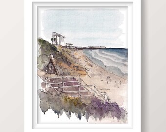 PACIFIC BEACH STAIRS - San Diego, California, Ocean, Dunes, Waves, Surfing, Plein Air Watercolor Painting Sketchbook Art, Drawn There