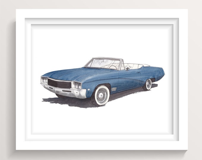 BUICK SKYLARK CONVERTIBLE 1969 - Classic Car, Blue, Ink and Watercolor Painting, Art Print, Car Collector, Drawn There