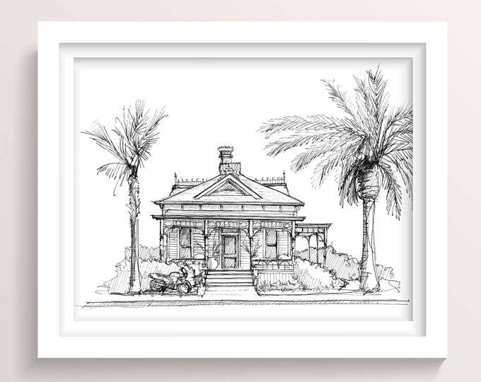 TOP GUN HOUSE - Oceanside, California, Pen and Ink Architecture Line Drawing, Wall Art, Art Print, Drawn There