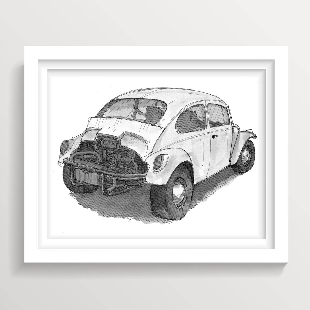 VINTAGE CLASSIC CAR - Engine, Buggy, Plein Air Pen and Ink Drawing ...