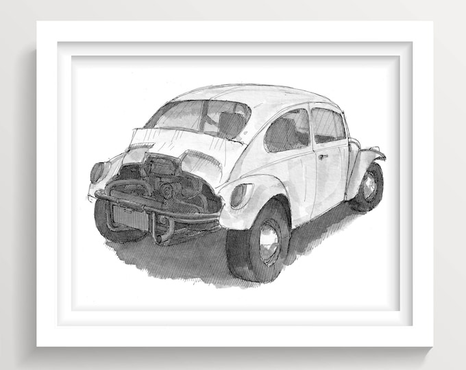 VINTAGE CLASSIC CAR - Engine, Buggy, Plein Air Pen and Ink Drawing, Vehicle Art Print, Drawn There