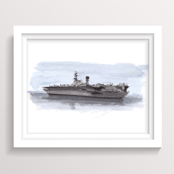 USS MIDWAY WWII - Aircraft Carrier, Navy Ship, Military, San Diego, United States, Ink & Watercolor Painting, Art Print, Drawn There
