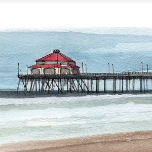 May include: A watercolor painting of a pier with a red roofed building on top. The pier extends out over the ocean with waves crashing in the foreground. The sky is a light blue.