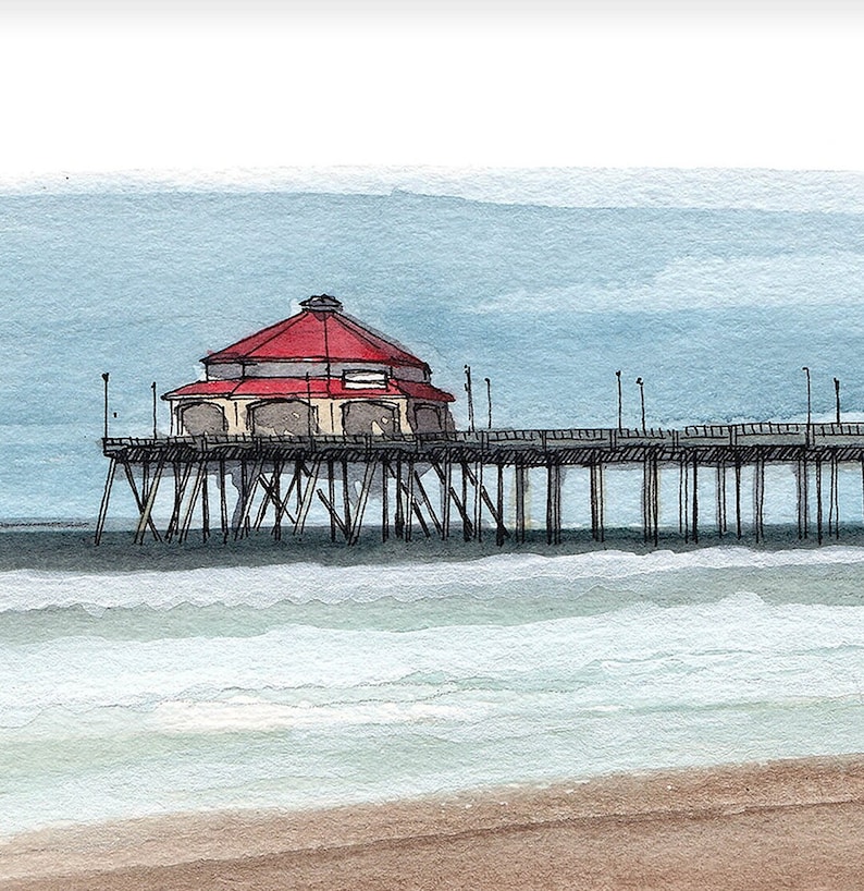 May include: A watercolor painting of a pier with a red roofed building on top. The pier extends out over the ocean with waves crashing in the foreground. The sky is a light blue.