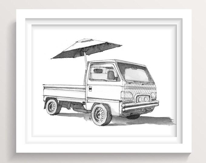KEI TRUCK - Japanese Minitruck with Umbrella, Pickup Truck, Pen and Ink Drawing, Wall Art Print, Vehicle Art, Drawn There