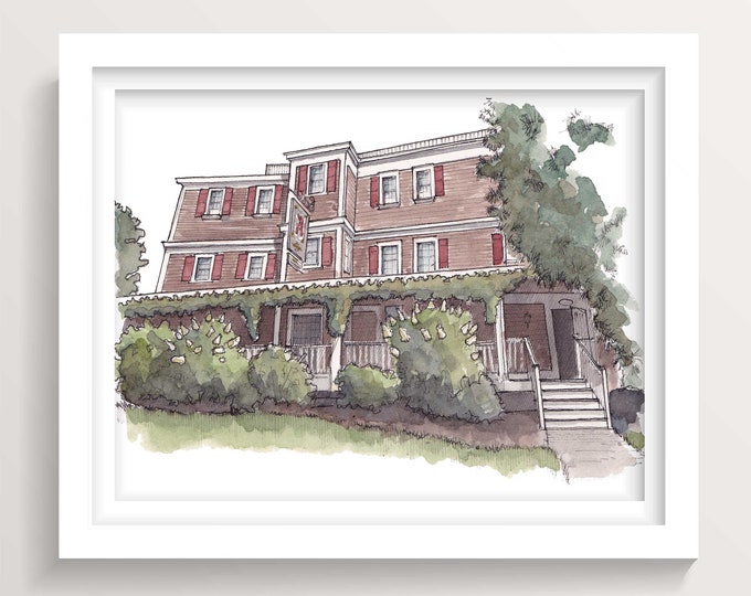 RED LION INN - Cohasset, Massachusetts, Wedding Venue, Hotel, Architecture Watercolor Painting, Drawn There