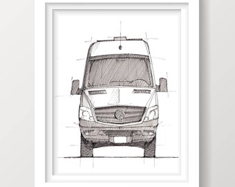 SPRINTER VAN - Pen and Ink, Zeichnung, Skizze, Kunstdruck, Vanlife, Camping, Roadtrip, Van.There, Mercedes Sprinter, gezeichnet dort