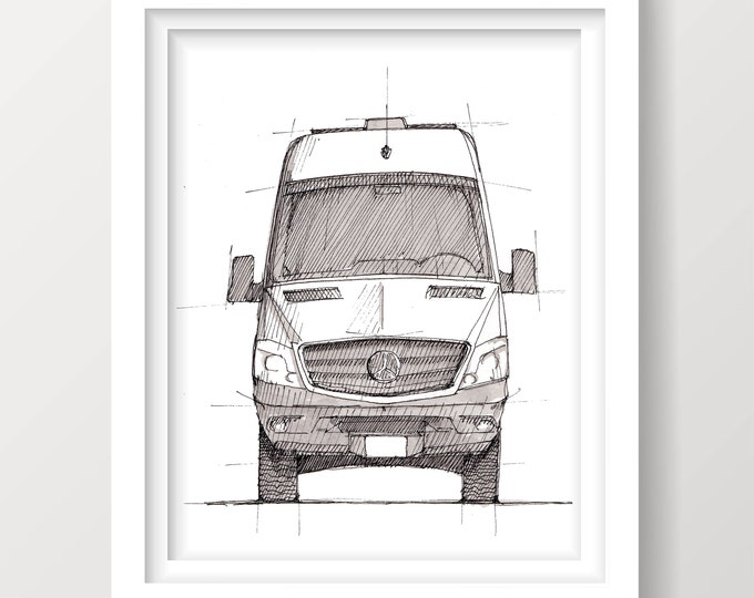 SPRINTER CAMPER VAN - Pen and Ink, Drawing, Sketch, Art Print, Vanlife, Camping, Roadtrip, Van.There, Mercedes Sprinter, Drawn There