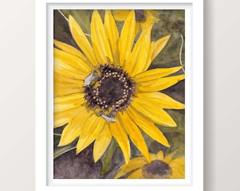 SUNFLOWER AND BEES - Ink and Watercolor Painting, Drawing, Nature Art, Yellow, Honey Bee, Flower, Drawn There