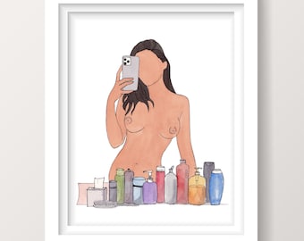 NUDE MIRROR SELFIE - Bathroom Art Print, Naked Woman, Sexy Bathroom Art, Girl, Watercolor Painting, Illustration, Drawn There